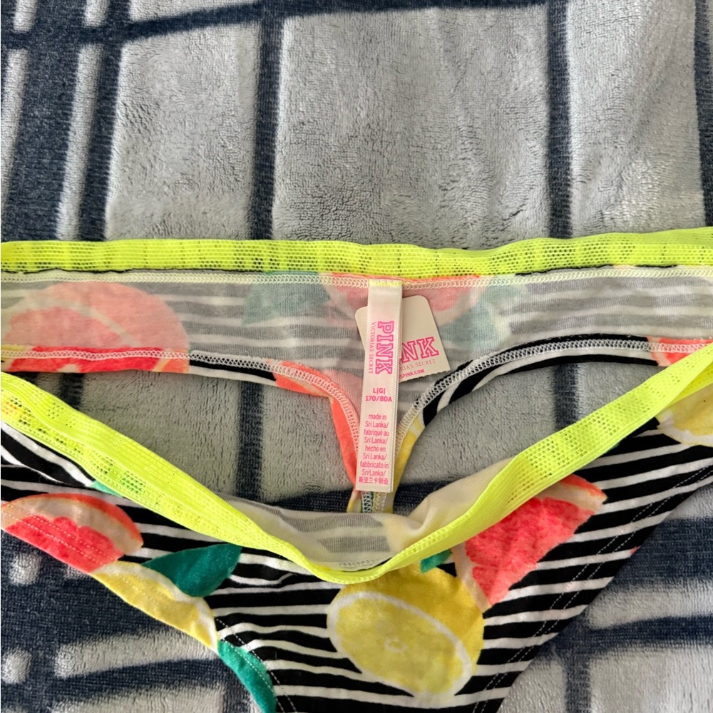 PINK Victoria's Secret Neon Citrus Striped Thong - Picture 2 of 3